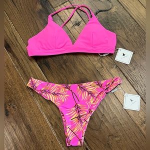 NWT KAMONI NEON PINK SPAGHETTI STRAP V NECK TROPICAL PRINT LOW WAIST BIKINI